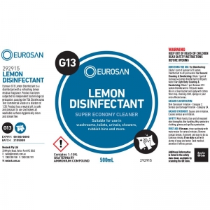 Eurosan Label G13 Lemon Disinfectant (to suit 500ml-1000ml Bottle) (each)