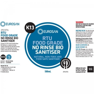 Eurosan Label K13 RTU Food Grade No Rinse Bio Sanitizer (to suit 500ml-1000ml Bo